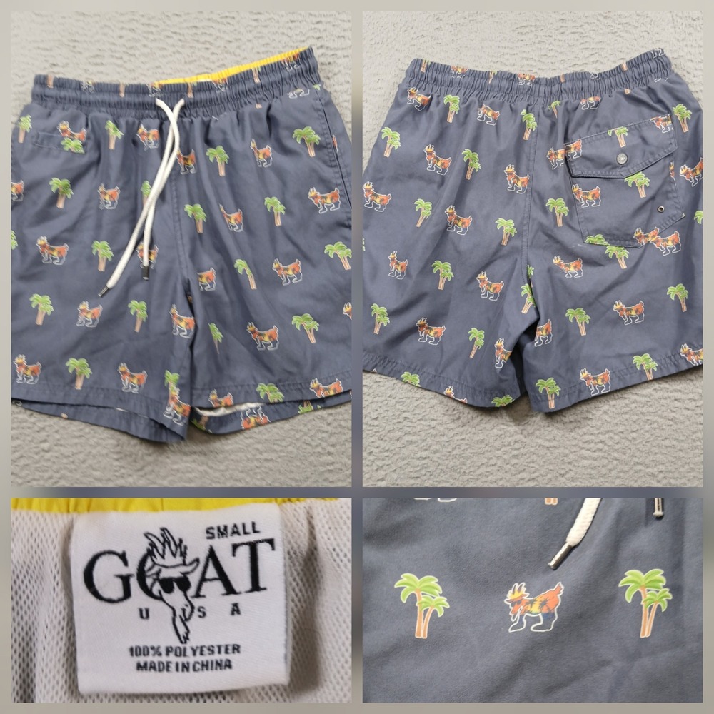 Goat USA Swim Trunk Shorts Men's Small Blue Palm Tree Goat Print Mesh‎ Lined